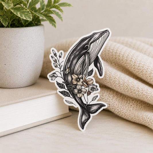 Floral Whale Tattoo Style Waterproof Vinyl Sticker