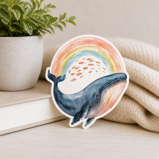 Watercolor Whale and Rainbow WATERPROOF Vinyl sticker