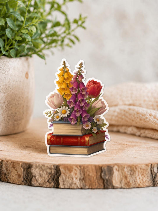 FDT, Foxglove Daisy Tulip - Floral Stack of Books: Waterproof Vinyl Sticker