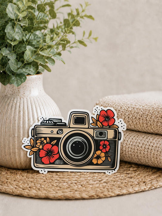 Floral Vintage Camera: Waterproof Vinyl Sticker