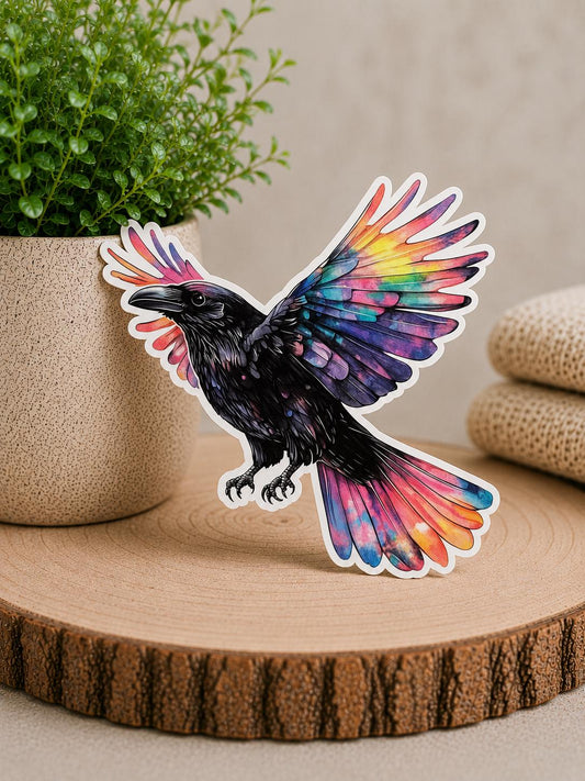 Colorful Raven In Flight: Waterproof Vinyl Sticker