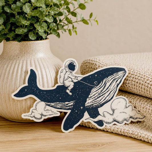 Astronaut Riding on a Whale: Waterproof Vinyl Sticker