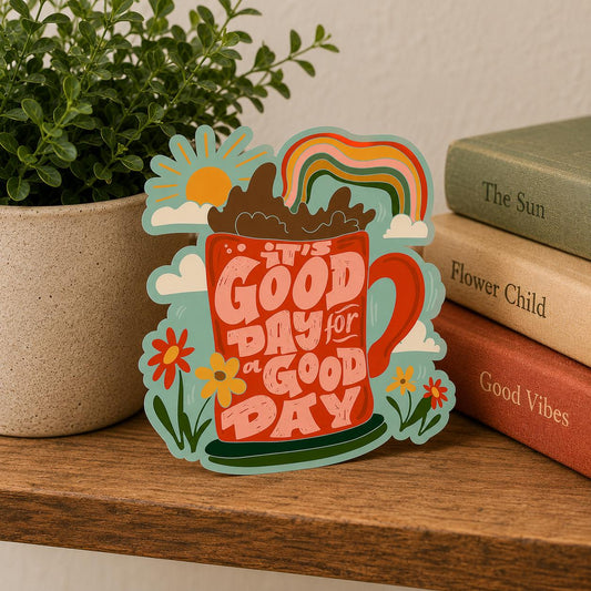Good Day Coffee Rainbow Sticker: Waterproof Vinyl Decal