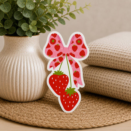 Strawberry coquette Bow: WATERPROOF Vinyl Sticker