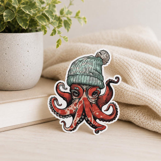 Red Hipster Octopus: Waterproof Vinyl Sticker
