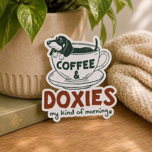 Coffee & Doxies Sticker: Vinyl WATERPROOF Sticker